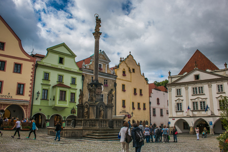 Tourists visiting the main square of Cesky Krumlov medieval cityのeditorial素材