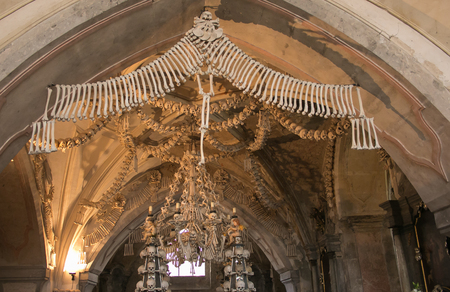 Interior of the Sedlec ossuary (Kostnice) decorated with skulls and bones, Kutna Hora, Czech Republicのeditorial素材