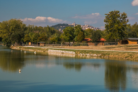 View of Todi and lake in Umbriaの写真素材