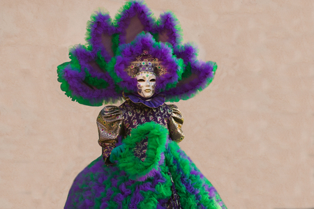 Beautiful female model posing in carnival mask isolated on brown backgroundの写真素材