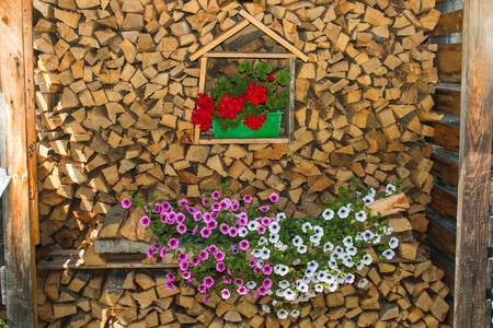 Firewood for winter season decorated with flowers