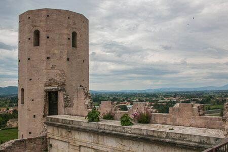 Spello - Porta Venere or Venus Gate that was one of the main entrance to the town during medieval and renaissance. Close up on the towerの写真素材