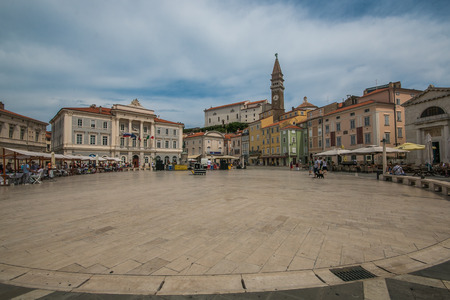 PIRAN, SLOVENIA - JULY 15, 2019: Main square of historic Piran city in Sloveniaのeditorial素材