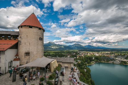 BLED, SLOVENIA - JULY 14, 2019: Panoramic view of Blejski Grad and Bled lake in Sloveniaのeditorial素材