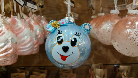 MERANO, ITALY - DECEMBER 2, 2018: Funny christmas ball at the christkindlmarkt of Merano in Italyのeditorial素材