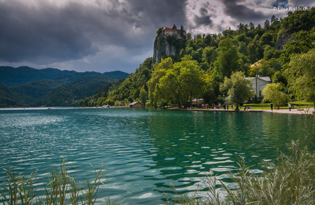 BLED, SLOVENIA - JULY 15, 2019: Panoramic view of Bled castle over the lake in Sloveniaのeditorial素材