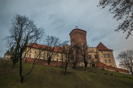 KRAKOW, POLAND - MARCH 8, 2019: Large panoramic view of Wawel Castle. Castle located in central Krakow, Polandのeditorial素材