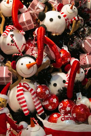MERANO, ITALY - DECEMBER 1, 2018: close up of christmas tree with snowman at the traditional christkindlmarkt of Meranoのeditorial素材
