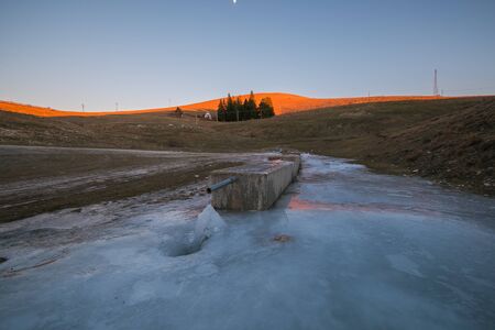 Frozen fountain in the national park of Sibillini mountains in Italy