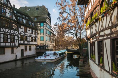 STRASBOURG, FRANCE - DECEMBER 1, 2019: View of ferry in the canal of Strasbourg in Alsace, Franceのeditorial素材