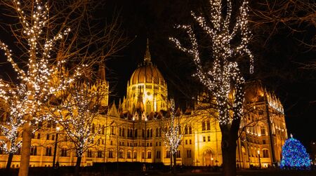 Budapest Parliament at night illuminated at Christmas treeのeditorial素材