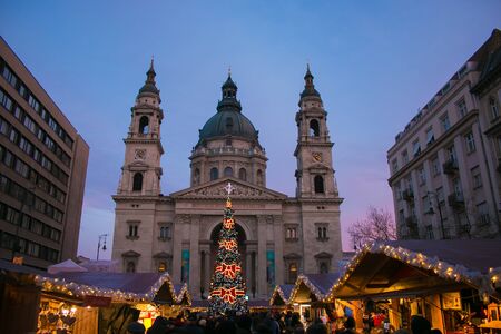 BUDAPEST, HUNGARY - 31 DECEMBER, 2019: Christmas Market at Saint Stephen Basilica square in the historic center of Budapest, Hungaryのeditorial素材
