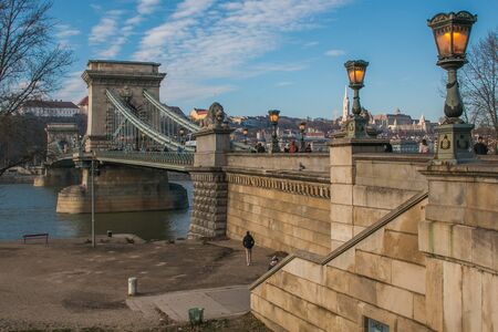 BUDAPEST, HUNGARY - JANUARY 1, 2020: Winter view of Chain bridge on danube river in budapest city, Hungaryのeditorial素材