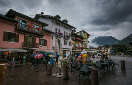 FIERA DI PRIMIERO, ITALY - JULY 24, 2020: View of the historic center of Fiera di Primiero in the northern Italian region Trentino-Alto Adige/SÃ¼dtirol during summer rainy dayのeditorial素材