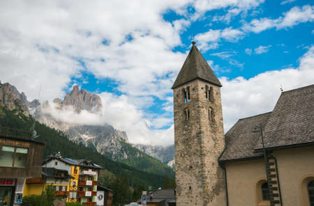SAN MARTINO DI CASTROZZA, ITALY - JULY 21, 2020: Summer view of the historic center of San Martino...