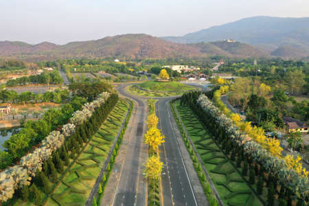 Aerial view formal garden in Royal Park Ratchaphruek at Chaingmai, Thailand.の写真素材