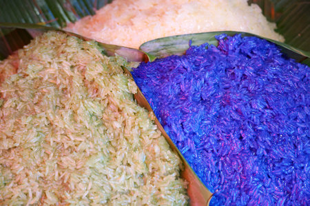Colorful Thai Sweet Sticky Rice for Mango famous Thai Dessert food in Thailand.の写真素材