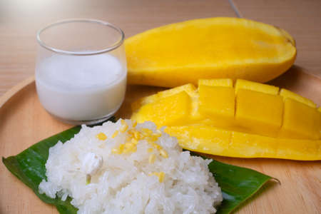 Mango Sticky rice Thai Dessert in nature background.