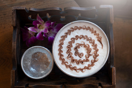 Latte Art Ice coffee in nature background.