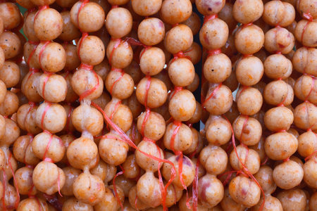 Traditional Thai Food North-Eastern Thai Style homemade, E-san Sausage homemade Sausages hanging at an outdoor market.の写真素材