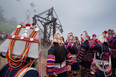 CHIANG RAI, THAILAND - 30 AUGUST 2024 : The Akha Swing Festival is a unique opportunity for singing and praying for a good harvest.のeditorial素材