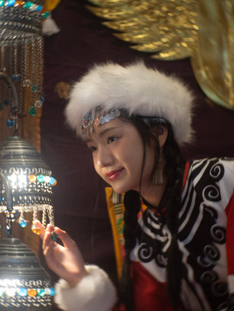 Beautiful young woman with Mongolia dress in Chiang Mai, Thailand.の写真素材