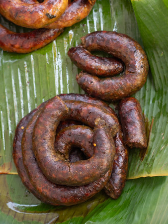 Northern Thai Sausage or Sai Oua are Local Street food as quick and easy meal in Thailand.の写真素材