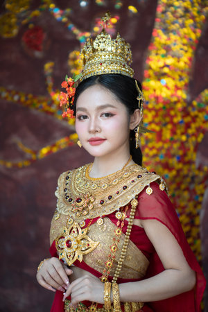 Beautiful young woman wearing Thai Songkran costume, a regional Thai costume dress in Chiang Mai,...