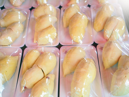 A large number of King of Tropical Fruits Durians in the wholesale market.の写真素材