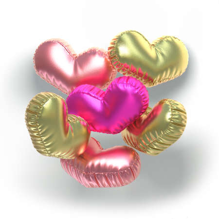 Set of valentines hearts allows create own unique scenes. 3d rendering. Top view isolated on white background. Detailed silver, gold, metallic, foil surface materials. 
Bright shiny colors. Heart shaped pillow.の写真素材