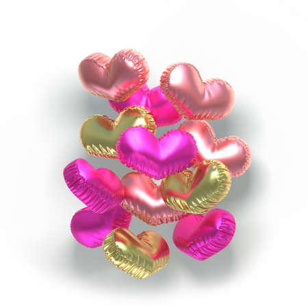 Set of valentines hearts allows create own unique scenes. 3d rendering. Top view isolated on white background. Detailed silver, gold, metallic, foil surface materials. 
Bright shiny colors. Heart shaped pillow.の写真素材