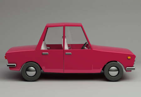 3d funny retro styled red car. Glossy bright  vehicle on grey background with realistic shadows. Side viewの写真素材
