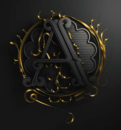 3d Classic capital letter A with decorative ornamental frame. Premium calligraphic label design. Uppercase. Monochrome old-style typography and detailed golden filigree and flourishes on black background.  の写真素材