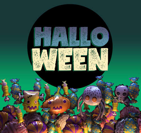 3d rendering of Happy Halloween greeting card. Stylized cartoon Halloween banner or poster. 3d font. Colorful balloons. Includes pumpkin, spider, web, zombie, skull, candiesの写真素材