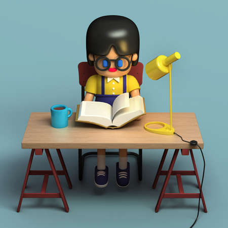 3d rendering of little girl in glasses reading book. Cute working space. Cartoon stylized.の写真素材