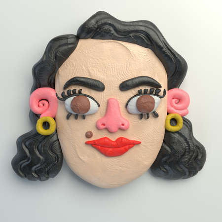 3d rendering of stylized cartoon head. Colorful plasticine figure. Realistic clay model. Isolated on white background. Woman with red lips and moleの写真素材