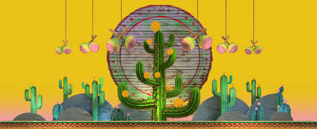 3d cartoon stylized decorations. Mexican theme. Large 3d cactus in the middle and flat hills on the sides and maracas hanging from the top . Wooden theatrical scenery style, or layered as  pop-up books. Vivid yellow background.の写真素材