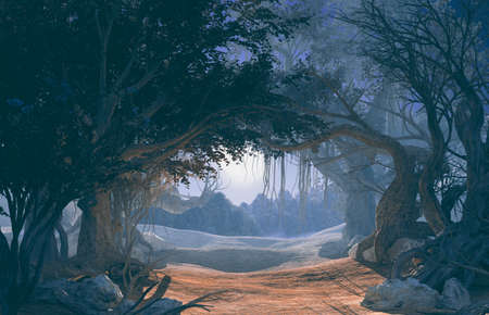 3d rendering of enchanted dark forest in the moonlight. Fairy path in the middle of 
mystic magic deep forest. Scenic landscape. Dark mysterious night scene, background for Halloween posterの写真素材