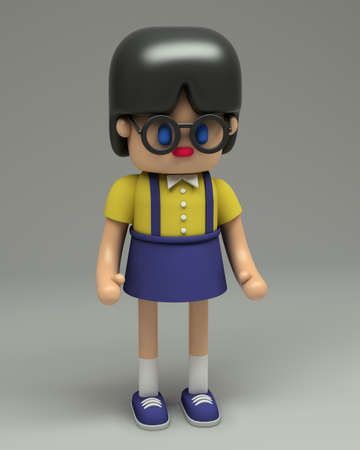 3d rendering of little girl with glasses in blue overalls, yellow shirt and sneakers.  Cartoon stylized 3d character illustration. Cute figure in full growth isolated on grey backgroundの写真素材