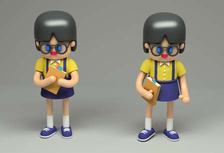 3d rendering of little girl in glasses with book. Cartoon stylized. Cute figure on grey background. の写真素材
