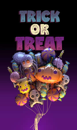 3d rendering of Halloween party balloons and Trick or Treat lettering.  Stylized cartoon Halloween banner or poster. 3d font. Colorful balloons. Includes pumpkin, spider, web, zombie, skull, candiesの写真素材