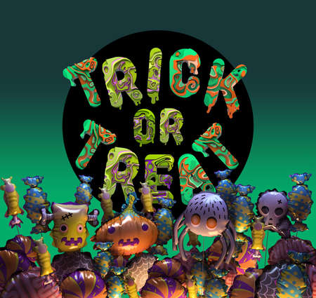 3d rendering of Halloween party balloons and Trick or Treat lettering.  Stylized cartoon Halloween banner or poster. 3d font. Colorful balloons. Includes pumpkin, spider, web, zombie, skull, candiesの写真素材