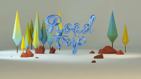 3d group of low poly stylized trees and calligraphy. Text "Road trip". Background with colorful cartoon geometric elements.の写真素材