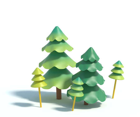3d rendering of cartoon fir tree.Simple green pine tree with shadow isolated on white background. Set of stylized coniferous.の写真素材