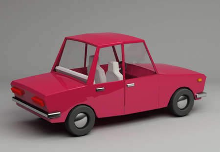3d funny retro styled red car. Glossy bright  vehicle on grey background with realistic shadows. Three-quarter view from aboveの写真素材