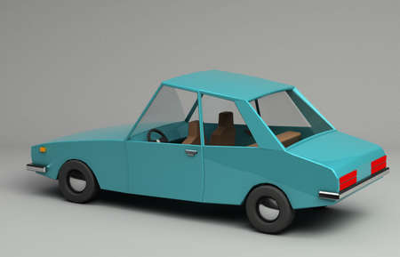 3d rendering of funny retro styled blue car. Glossy bright  vehicle on grey background with realistic shadows. Three-quarter view from aboveの写真素材