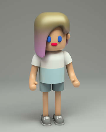 3d rendering of hipster girl with pink ombre hair in blue t-shirt, shorts and sneakers. Cartoon stylized 3d character illustration. Cute figure in full growth isolated on grey background.の写真素材