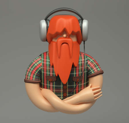 3d rendering. Quietly young man with overgrown red beard listening to music with big headphone....