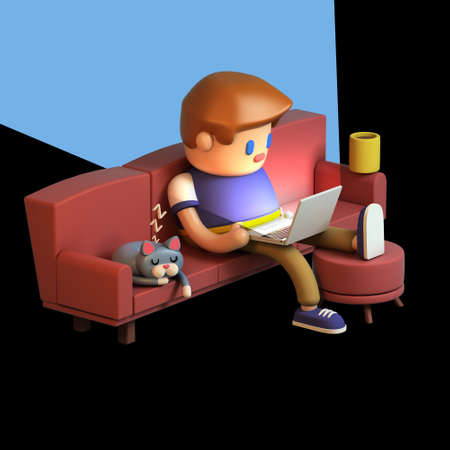 3d rendering of young man sitting on a couch and working on laptop computer late at night. Cute working space. Cat sleeping on a sofa. Cartoon stylized isolated on black background. の写真素材