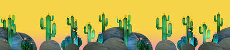 3d cartoon stylized decorations. Mexican theme.  Flat hills with cactuses . Wooden theatrical scenery style, or layered as pop-up books. Seamless border pattern on vivid yellow background.
の写真素材